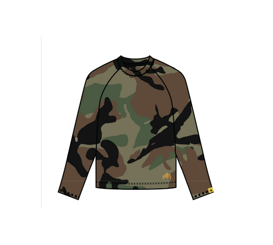 Camouflage long-sleeve shirt with a brand logo on a white background