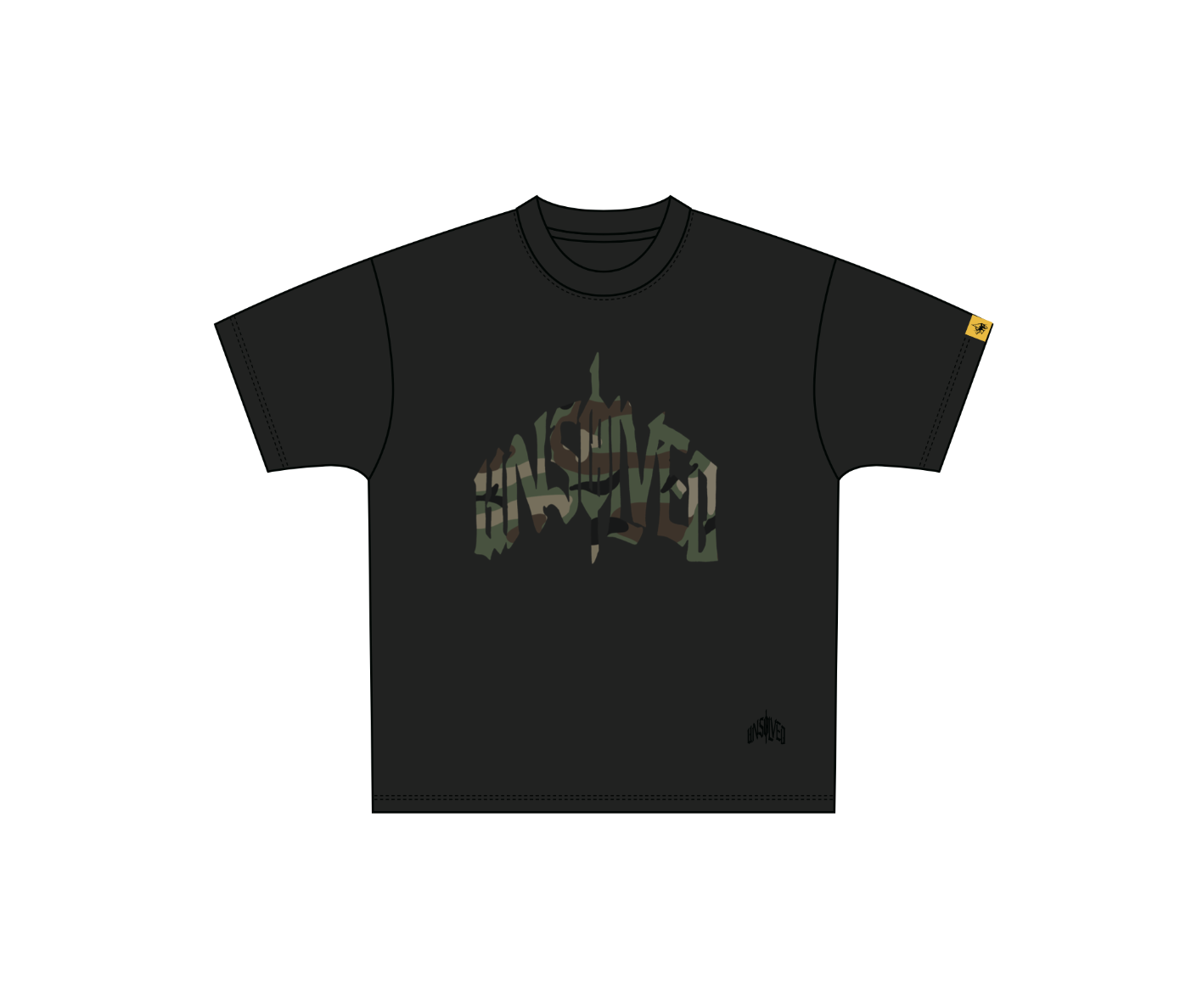 Black t-shirt with camouflage text design on a white background