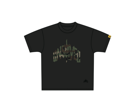 Black t-shirt with camouflage text design on a white background
